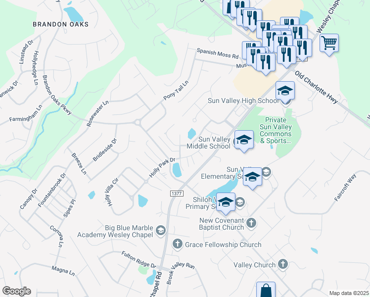 map of restaurants, bars, coffee shops, grocery stores, and more near 2121 Shumard Circle in Indian Trail