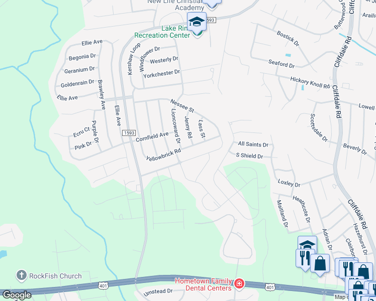map of restaurants, bars, coffee shops, grocery stores, and more near 2120 Yellowbrick Road in Fayetteville