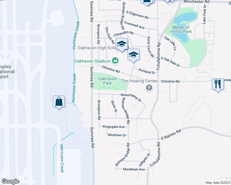 map of restaurants, bars, coffee shops, grocery stores, and more near 3090 Beauchamp Drive in Memphis