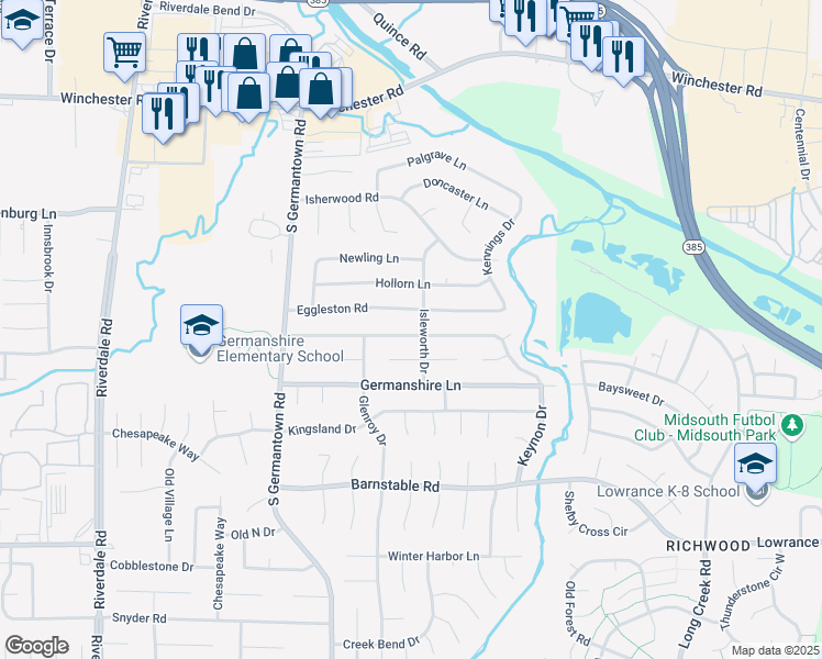 map of restaurants, bars, coffee shops, grocery stores, and more near 7330 Woodshire Road in Memphis
