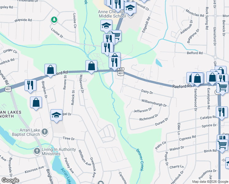 map of restaurants, bars, coffee shops, grocery stores, and more near 236 Duke Street in Fayetteville