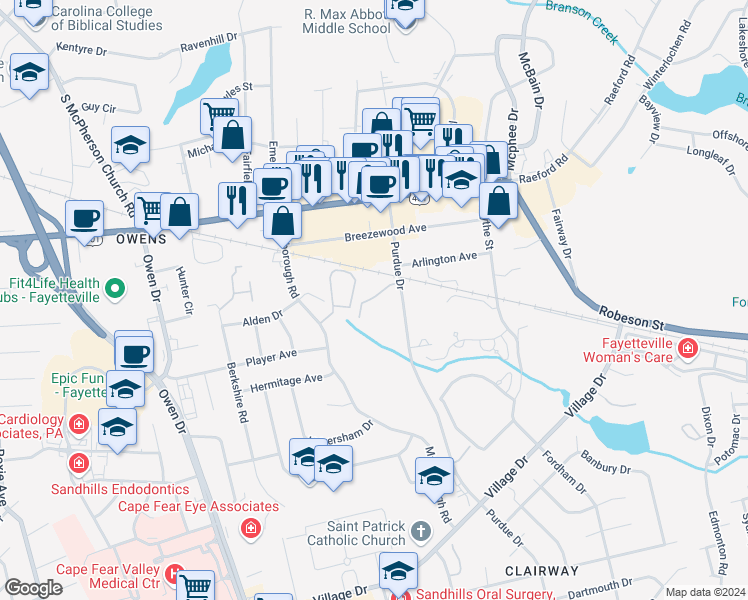 map of restaurants, bars, coffee shops, grocery stores, and more near 2927 Gordon Way in Fayetteville