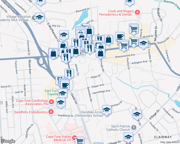map of restaurants, bars, coffee shops, grocery stores, and more near 3101 Hasbrook Court in Fayetteville