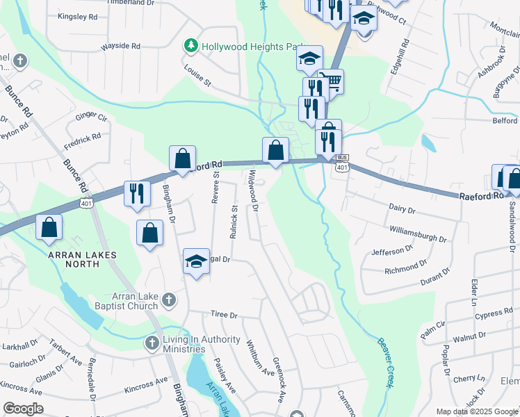map of restaurants, bars, coffee shops, grocery stores, and more near 40 Windy Birch Circle in Fayetteville