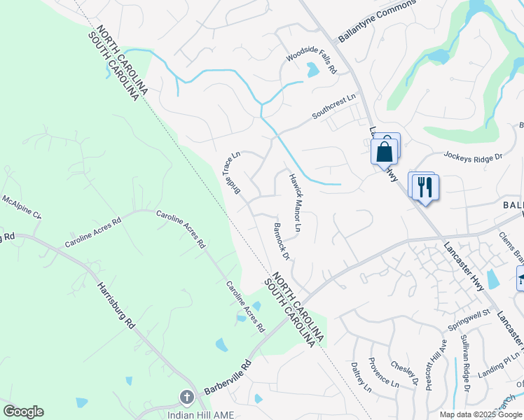 map of restaurants, bars, coffee shops, grocery stores, and more near 15024 Balenie Trace Lane in Charlotte