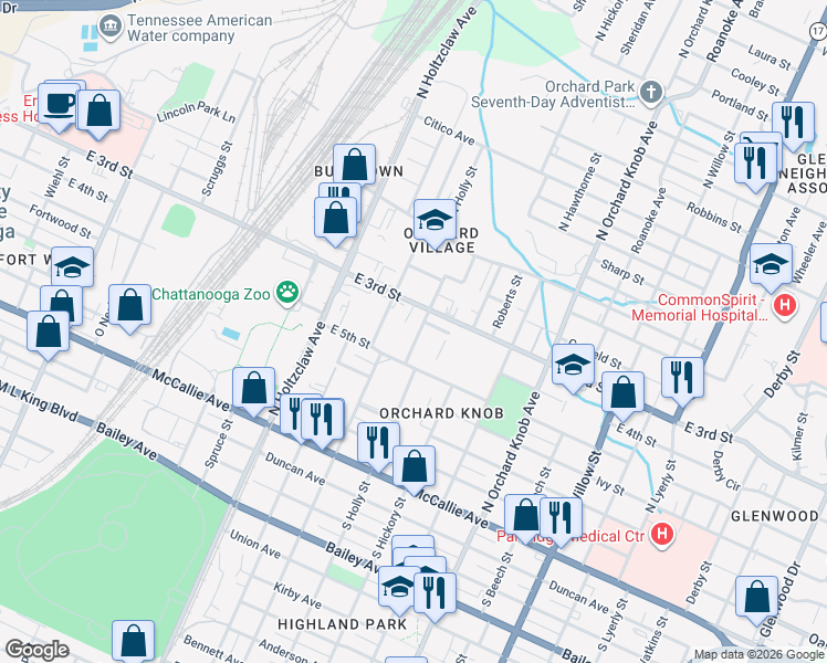 map of restaurants, bars, coffee shops, grocery stores, and more near 1600 East 3rd Street in Chattanooga