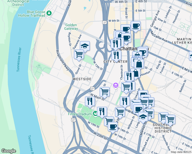 map of restaurants, bars, coffee shops, grocery stores, and more near 1215 Poplar Street in Chattanooga