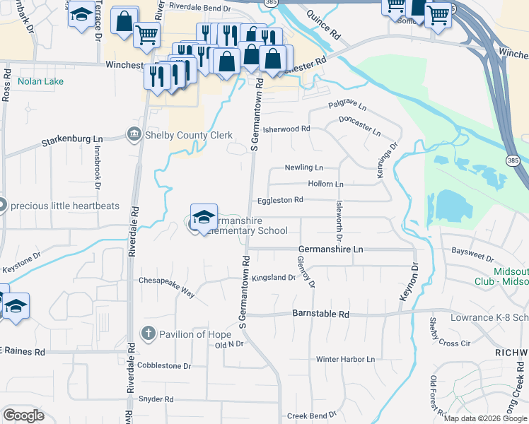 map of restaurants, bars, coffee shops, grocery stores, and more near 7213 Woodshire Road in Memphis