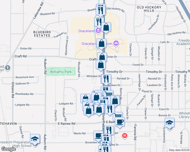 map of restaurants, bars, coffee shops, grocery stores, and more near 1127 Whitaker Drive in Memphis