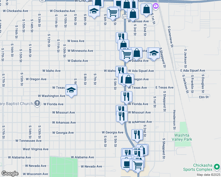 map of restaurants, bars, coffee shops, grocery stores, and more near 919 South 6th Street in Chickasha