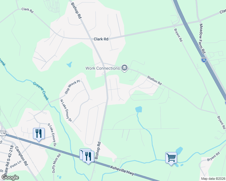 map of restaurants, bars, coffee shops, grocery stores, and more near 303 North Ivestor Court in Inman