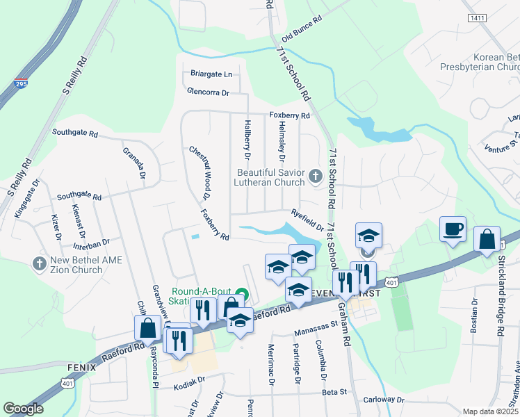 map of restaurants, bars, coffee shops, grocery stores, and more near 6548 Ryefield Drive in Fayetteville