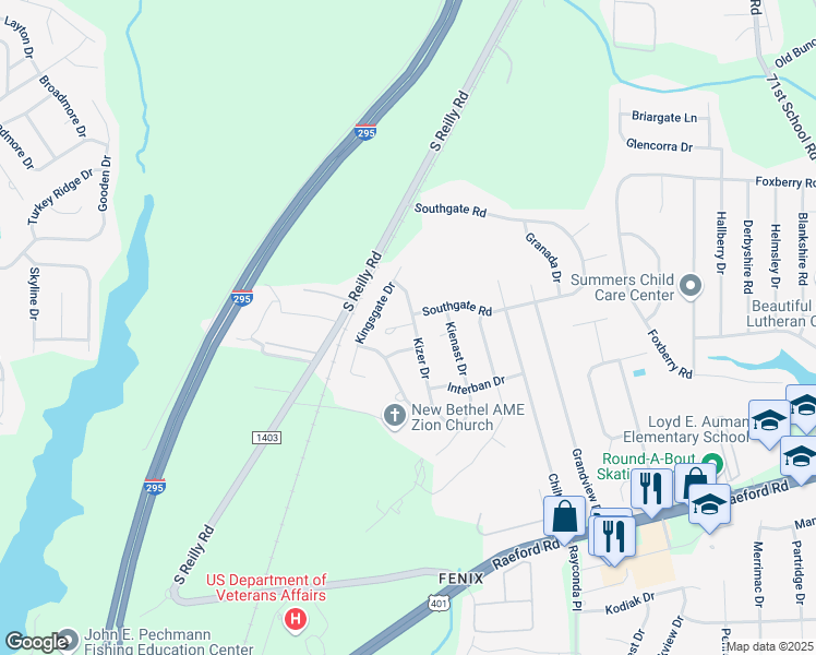 map of restaurants, bars, coffee shops, grocery stores, and more near 6865 Kizer Drive in Fayetteville