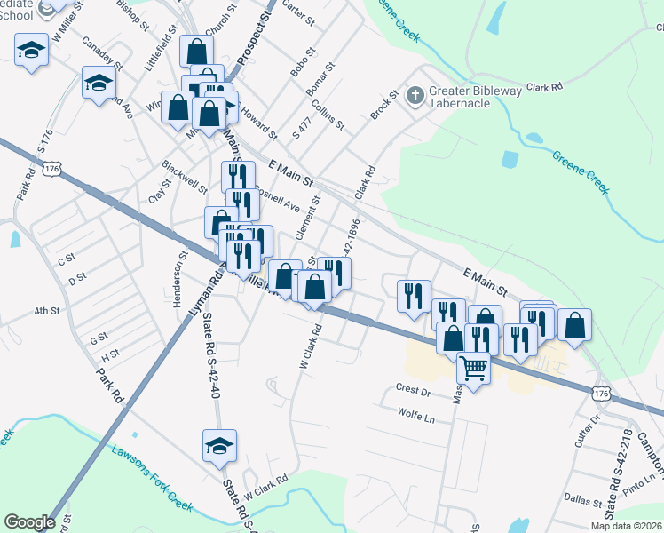 map of restaurants, bars, coffee shops, grocery stores, and more near 35 Bloomwood Heights in Inman