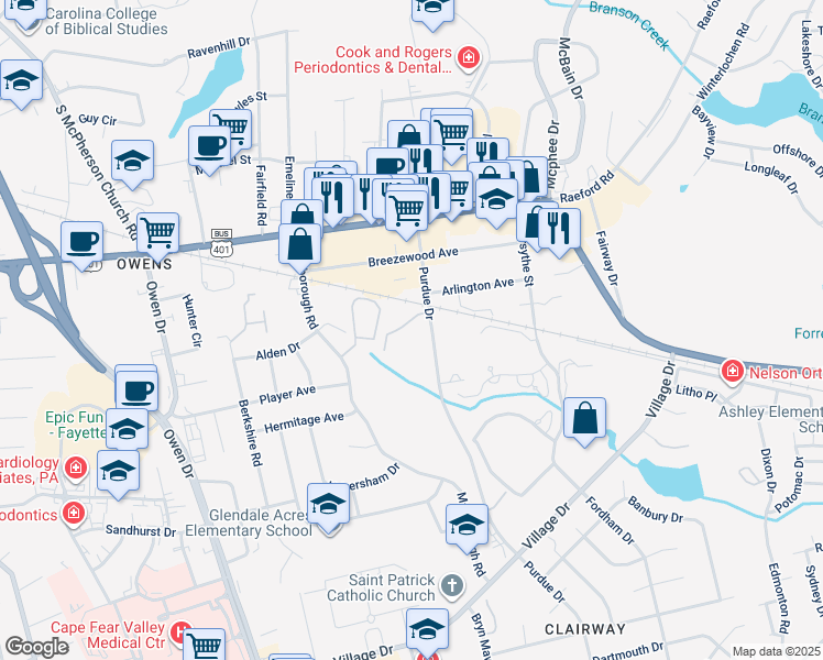 map of restaurants, bars, coffee shops, grocery stores, and more near 2941 Gordons Way in Fayetteville