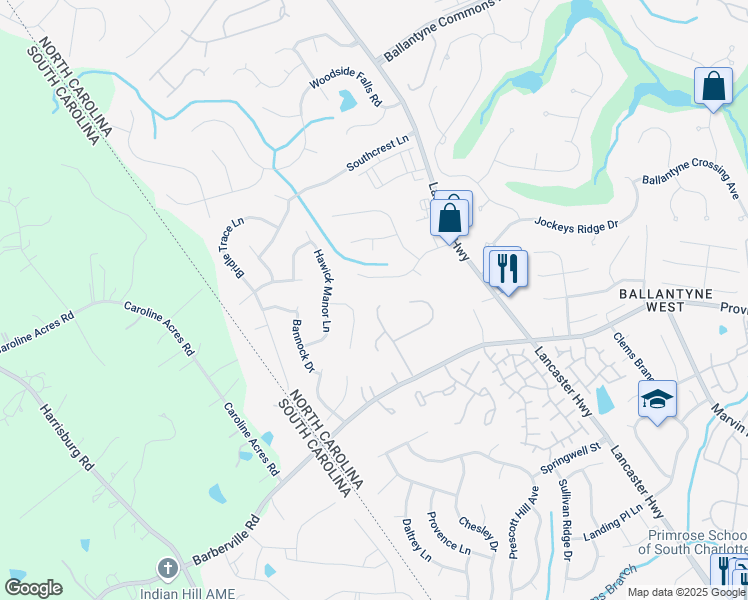 map of restaurants, bars, coffee shops, grocery stores, and more near 15002 Strathmoor Drive in Charlotte