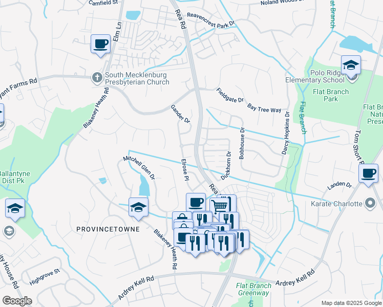 map of restaurants, bars, coffee shops, grocery stores, and more near 7106 Felicity Court in Charlotte