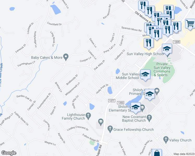 map of restaurants, bars, coffee shops, grocery stores, and more near 5521 Rogers Road in Indian Trail