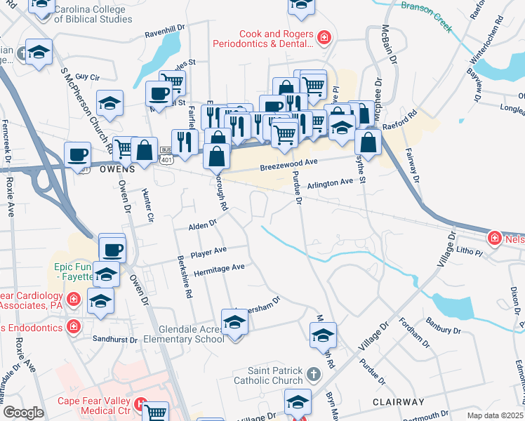 map of restaurants, bars, coffee shops, grocery stores, and more near 2701 Preston Woods Lane in Fayetteville