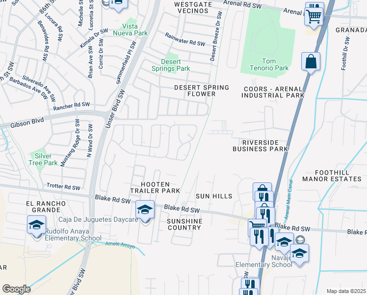 map of restaurants, bars, coffee shops, grocery stores, and more near 2600 Calle Del Sueno Way Southwest in Albuquerque