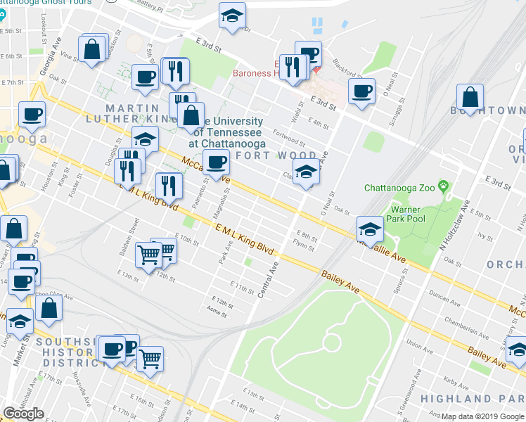 map of restaurants, bars, coffee shops, grocery stores, and more near 1113 East 8th Street in Chattanooga