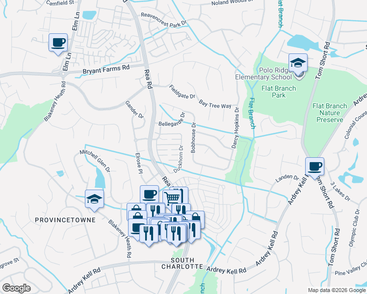 map of restaurants, bars, coffee shops, grocery stores, and more near 12504 Bobhouse Drive in Charlotte