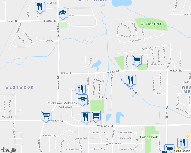 map of restaurants, bars, coffee shops, grocery stores, and more near Mich-Will Circle West in Memphis