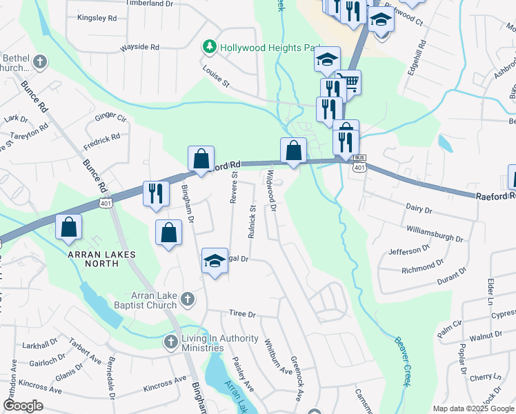 map of restaurants, bars, coffee shops, grocery stores, and more near 1051 Rulnick Street in Fayetteville