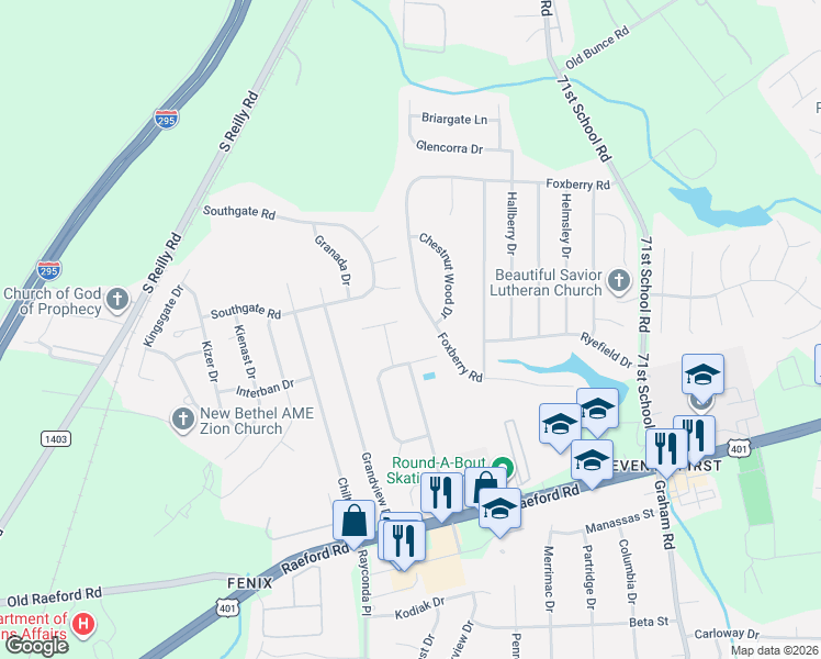 map of restaurants, bars, coffee shops, grocery stores, and more near 6701 Burgenfield Drive in Fayetteville