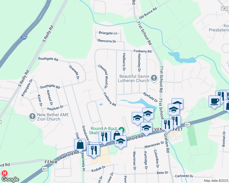 map of restaurants, bars, coffee shops, grocery stores, and more near 1194 Curry Ford Drive in Fayetteville