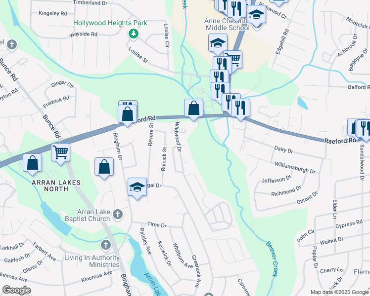 map of restaurants, bars, coffee shops, grocery stores, and more near 40 Windy Birch Circle in Fayetteville