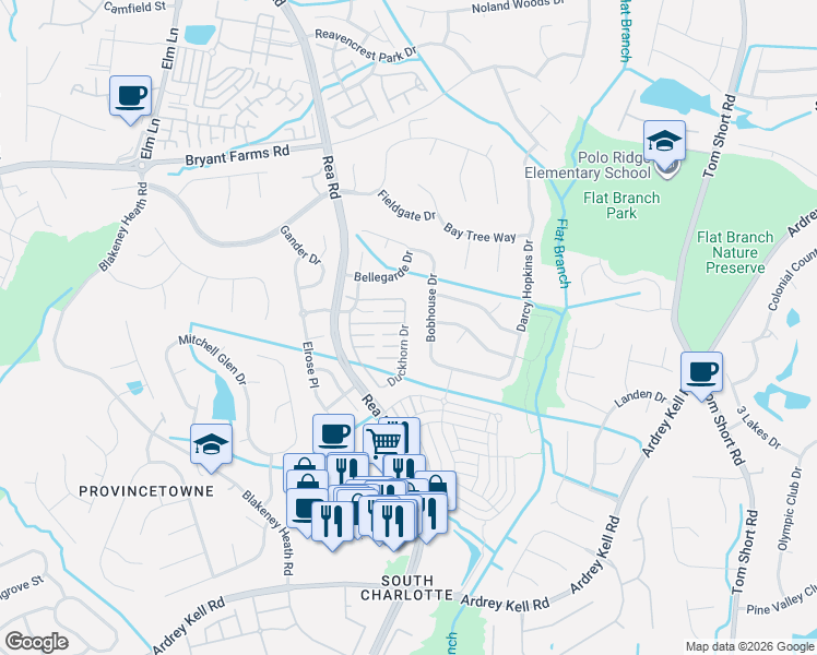 map of restaurants, bars, coffee shops, grocery stores, and more near 12504 Bobhouse Drive in Charlotte