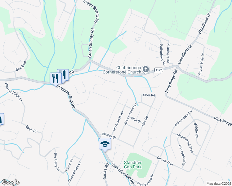 map of restaurants, bars, coffee shops, grocery stores, and more near 2801 Windthrush Drive in Chattanooga