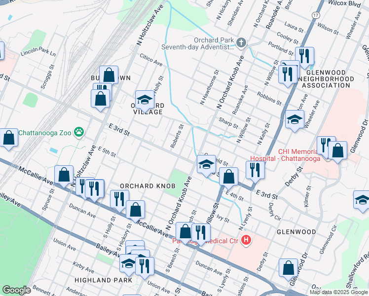 map of restaurants, bars, coffee shops, grocery stores, and more near in Chattanooga