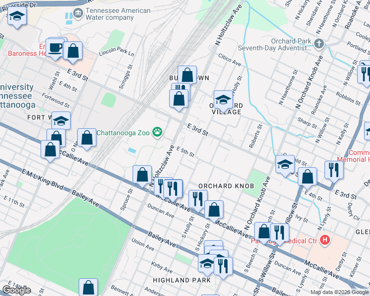 map of restaurants, bars, coffee shops, grocery stores, and more near 1410 East 5th Street in Chattanooga