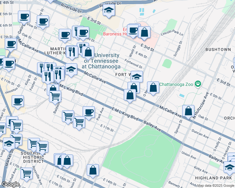 map of restaurants, bars, coffee shops, grocery stores, and more near 1114 East 8th Street in Chattanooga