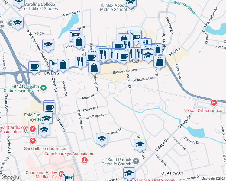map of restaurants, bars, coffee shops, grocery stores, and more near 2701 Preston Woods Lane in Fayetteville