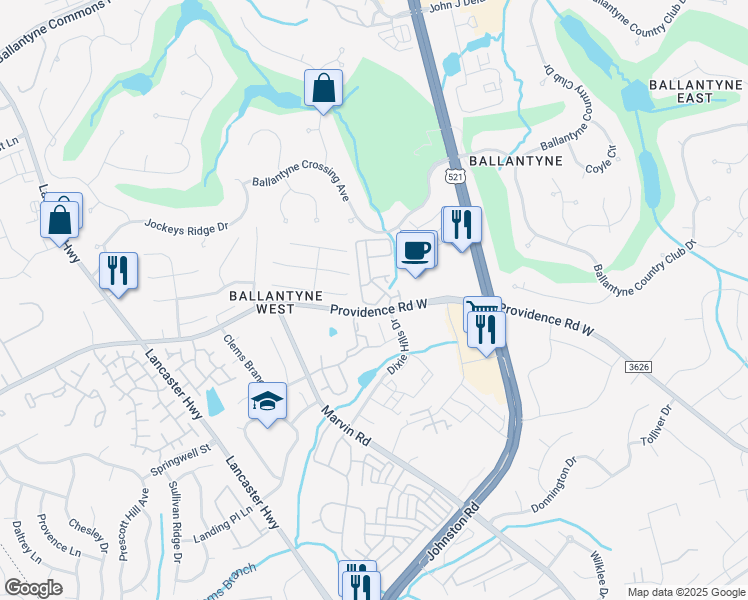 map of restaurants, bars, coffee shops, grocery stores, and more near 11319 Providence Road West in Charlotte