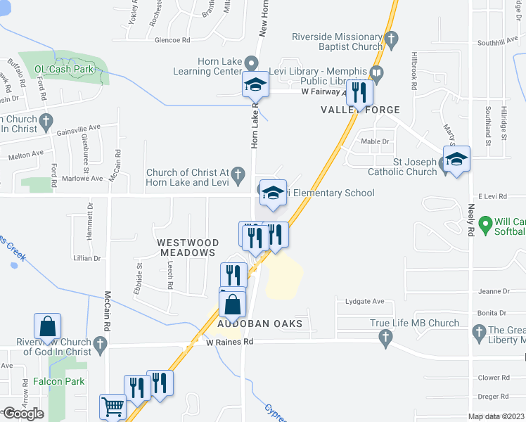 map of restaurants, bars, coffee shops, grocery stores, and more near 135 West Levi Road in Memphis