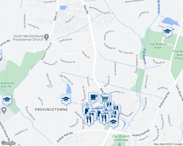 map of restaurants, bars, coffee shops, grocery stores, and more near 7106 Felicity Court in Charlotte