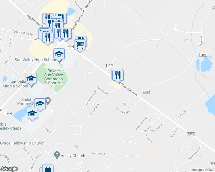 map of restaurants, bars, coffee shops, grocery stores, and more near 3209 Green Meadow Way in Monroe