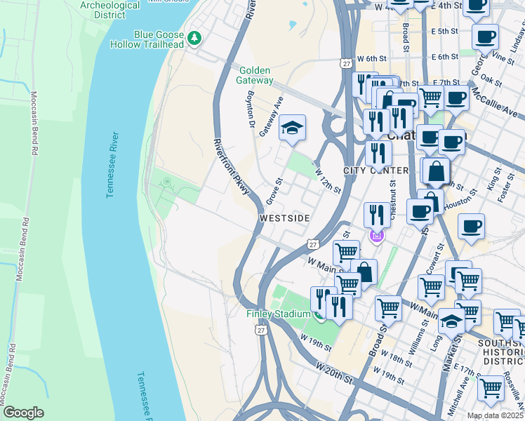 map of restaurants, bars, coffee shops, grocery stores, and more near 1345 Riverfront Parkway in Chattanooga