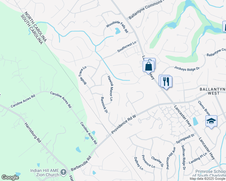 map of restaurants, bars, coffee shops, grocery stores, and more near 12417 Tantallon Court in Pineville