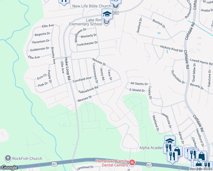 map of restaurants, bars, coffee shops, grocery stores, and more near 5415 Nessee Street in Fayetteville