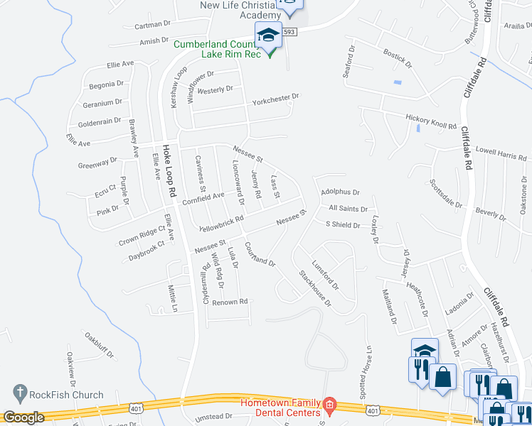map of restaurants, bars, coffee shops, grocery stores, and more near 2132 Yellowbrick Road in Fayetteville