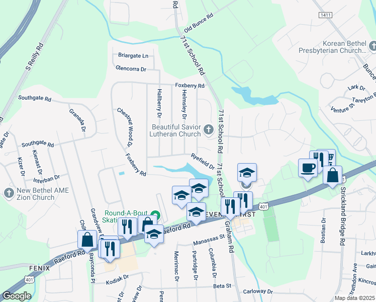 map of restaurants, bars, coffee shops, grocery stores, and more near 6534 Ryefield Drive in Fayetteville