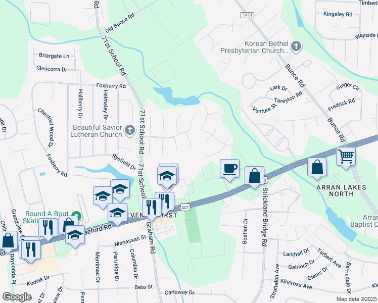 map of restaurants, bars, coffee shops, grocery stores, and more near 1520 Edgeware Court in Fayetteville