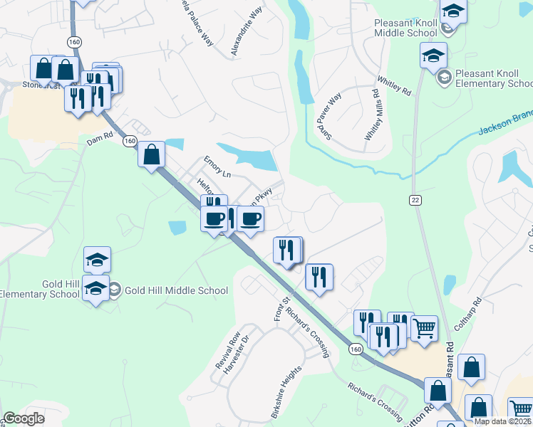 map of restaurants, bars, coffee shops, grocery stores, and more near 1087 Aubrey Lane in Fort Mill