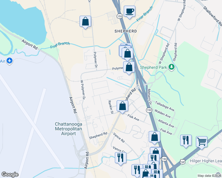 map of restaurants, bars, coffee shops, grocery stores, and more near 5818 Talladega Drive in Chattanooga