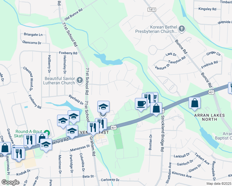 map of restaurants, bars, coffee shops, grocery stores, and more near 1520 Edgeware Court in Fayetteville